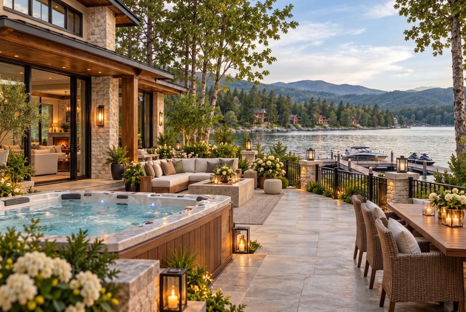 Lakeside decks & hot tubs concept rendering