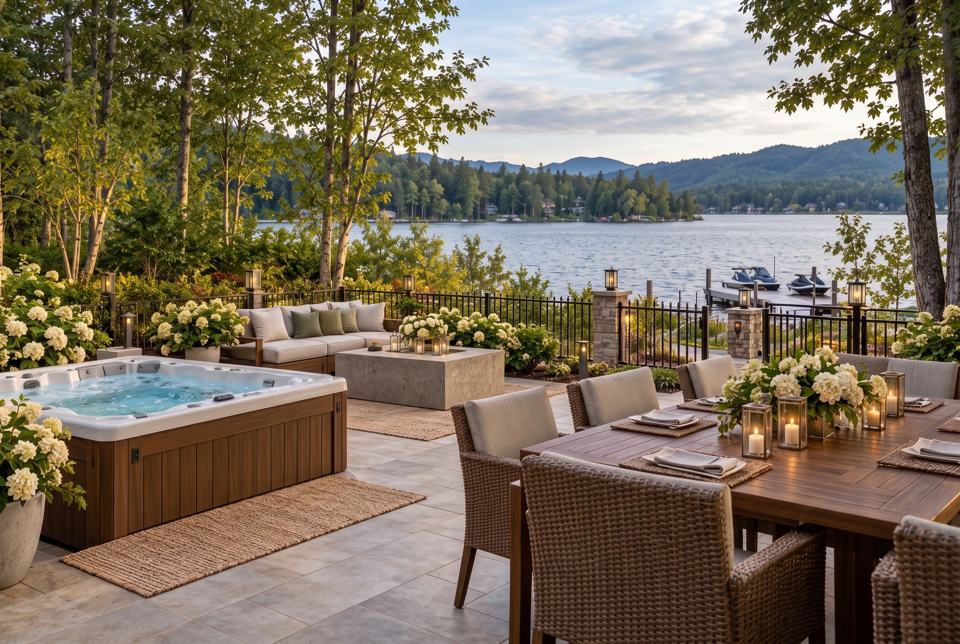 Lakeside decks & hot tubs concept rendering
