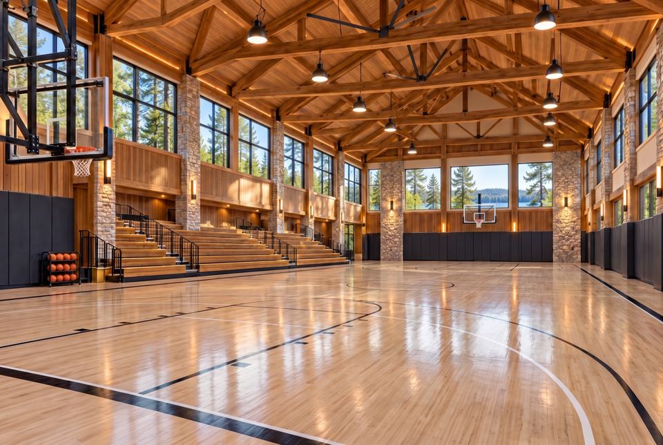 Indoor basketball gym concept rendering